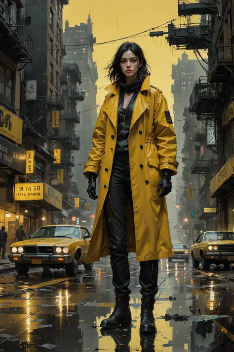 science fictional movie still, ((in style of Jeremy Mann and Wadim Kashin)), (black and yellow), vintage, masterpiece, visually stunning, evocative, best quality, very intricate and detailed,