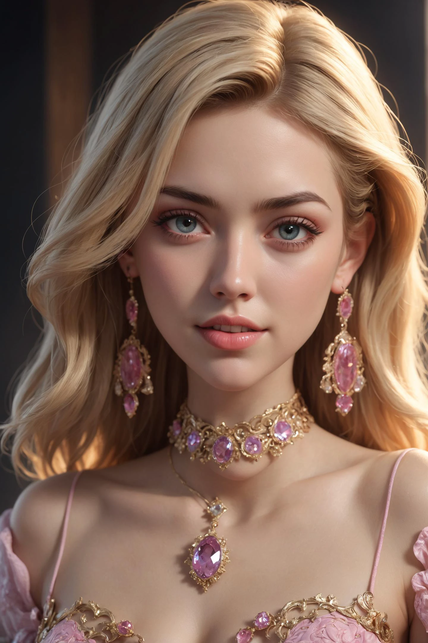 (masterpiece, realistic:1.3), (extremely intricate:1.2), (photorealistic:1.4), (extremely delicate), (ultra realistic:1.3), (hyperrealistic 3d render), hyperrealistic photography, extremely detailed CG unity 8k wallpaper, HDR, RAW photo, dslr, (instagram most viewed:1.3), trending on CGSociety, (looking at viewer, realistic LUT, cinematic LUT, anthro creature, realistic, photorealistic, ultra high res:1.2, delicate, colorful, vibrant colors, amazing scene lighting, light on front face:1.3, bokeh), (cowboy shot:1.1, from front:1.2), front lighting, fantasy, intricate, elegant, highly detailed, lifelike, photorealistic, digital painting, artstation, illustration, concept art, smooth, sharp focus, extremely detailed magazine cover-style digital painting, (magazine cover-style:1.3), adding a touch of fantasy to the scene, the text on the cover should be bold and attention-grabbing, with the title of the magazine and a catchy headline, the overall style should be modern and trendy, with a focus on fashion and fantasy, helvetica-bold, 
a photo of edgGarterbelt, a attravtive mature female, Hidden Cave with Crystal Geodes, 
<lora:edg_garterBelts_v30:1>, wearing edgGarterbelt, superb pink embroidery, (blush, evil smiling), (detailed skin:1.3, Glossy skin + Shiny skin:1.1, pale skin:1.2), long straight hair, blonde hair, hair ornament, exquisite earrings, golden tirm choker, necklace, , cleavage, narrow waist, long legs, slim legs, thighhighs, retro open back heels, <lora:freckledvixon_retroOpenBackHeels_v10:0.65>, strappy heels,