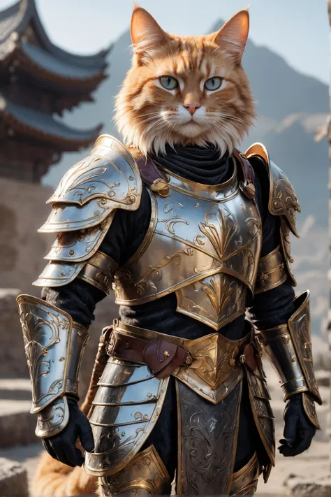 amazing quality, masterpiece, best quality, hyper detailed, ultra detailed,
a cat equipping with heavy armor outfit, embarking on a journey to become the cat warrior