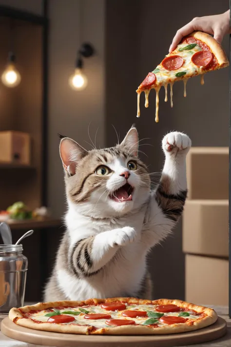 amazing quality, masterpiece, best quality, hyper detailed, ultra detailed,
A cat trying to reach for a slice of pizza