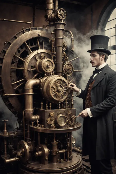 A steampunk style photo of Breathe into me and make me real, bring me to life . blending of victorian technology, steam-powered, cogs, brass machinery