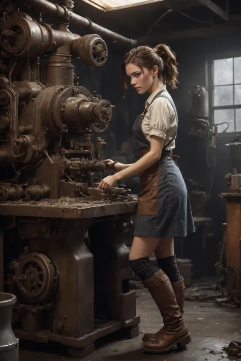 (intricate details:0.9), full shot, full body, Best quality, masterpiece, ultra high res, (photorealistic:1.4), absurdres, cinema lighting, dark victorian age, (a best long shot photo of a girl wearing work boots and belted apron over the loins and shattered dirty tank), (beautiful ponytail), working in factory, girl working on a machine, retro workshop, smoke, oily dirty machinery, sparks from the machine illuminate the room, lathe, manufacture, wet dirty floor, hyper realistic, steampunk, intricate design, insanely detailed, fine details,  beautiful, pretty face, fine texture, incredibly lifelike
sinister setting, extremely detailed (sinister scene) background 