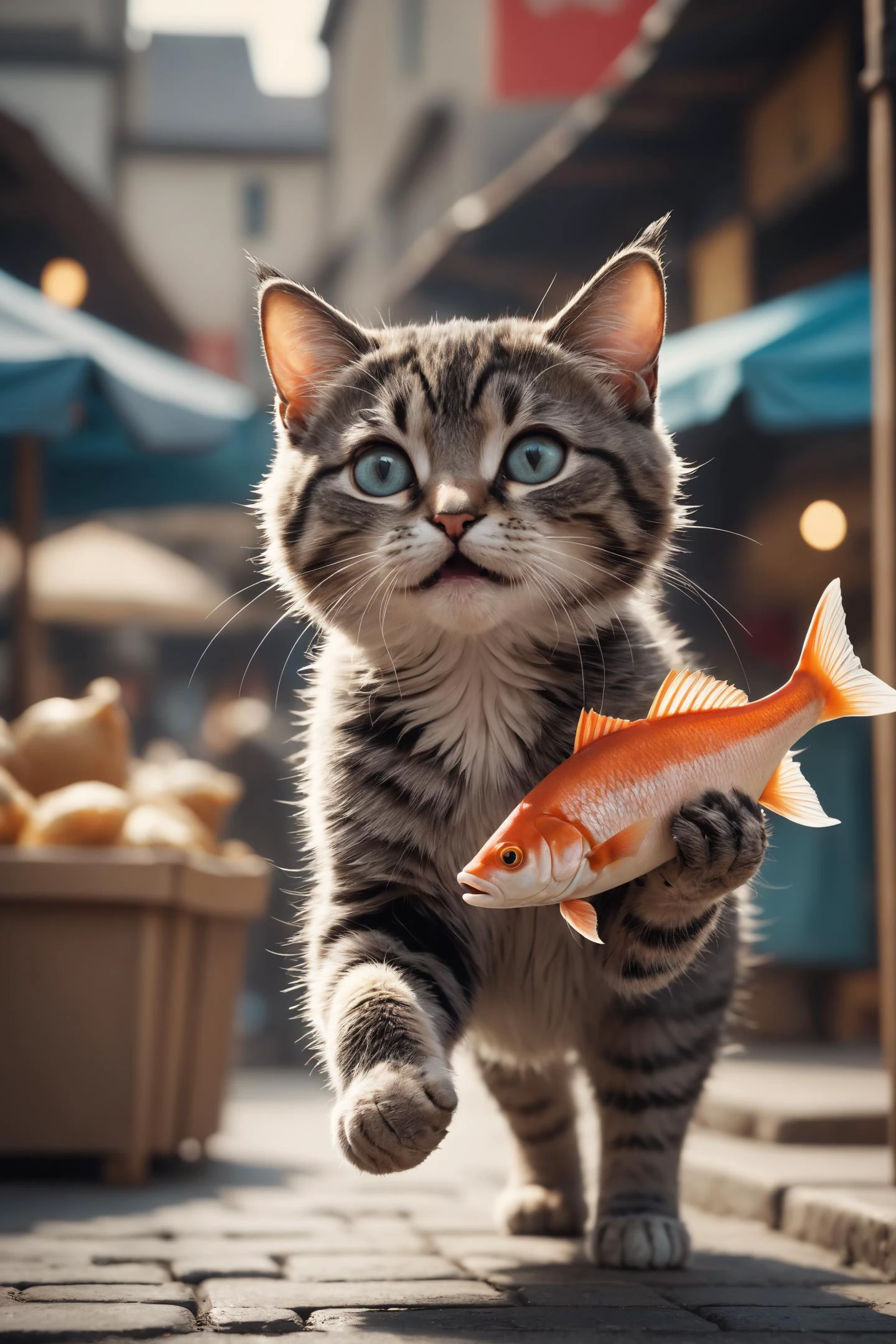 amazing quality, masterpiece, best quality, hyper detailed, ultra detailed,
Cinematic still of cat holding fish with paws, running away in a market. . Shallow depth of field, vignette, highly detailed, high budget, bokeh, Cinemascope, moody, epic, gorgeous, film grain, grainy