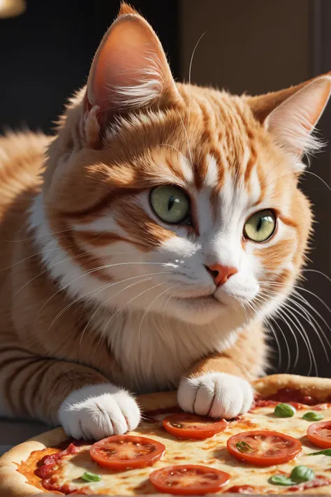 amazing quality, masterpiece, best quality, hyper detailed, ultra detailed,
A cat trying to reach for a slice of pizza