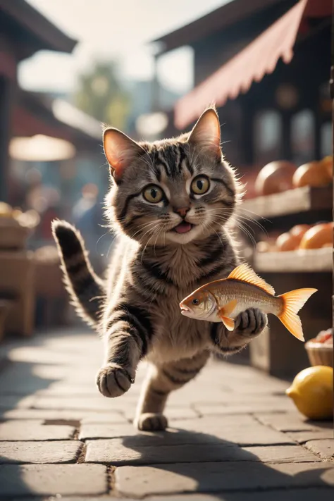 amazing quality, masterpiece, best quality, hyper detailed, ultra detailed,
Cinematic still of cat holding fish with paws,  running away in a market. . Shallow depth of field,  vignette,  highly detailed,  high budget,  bokeh,  Cinemascope,  moody,  epic,  gorgeous,  film grain,  grainy