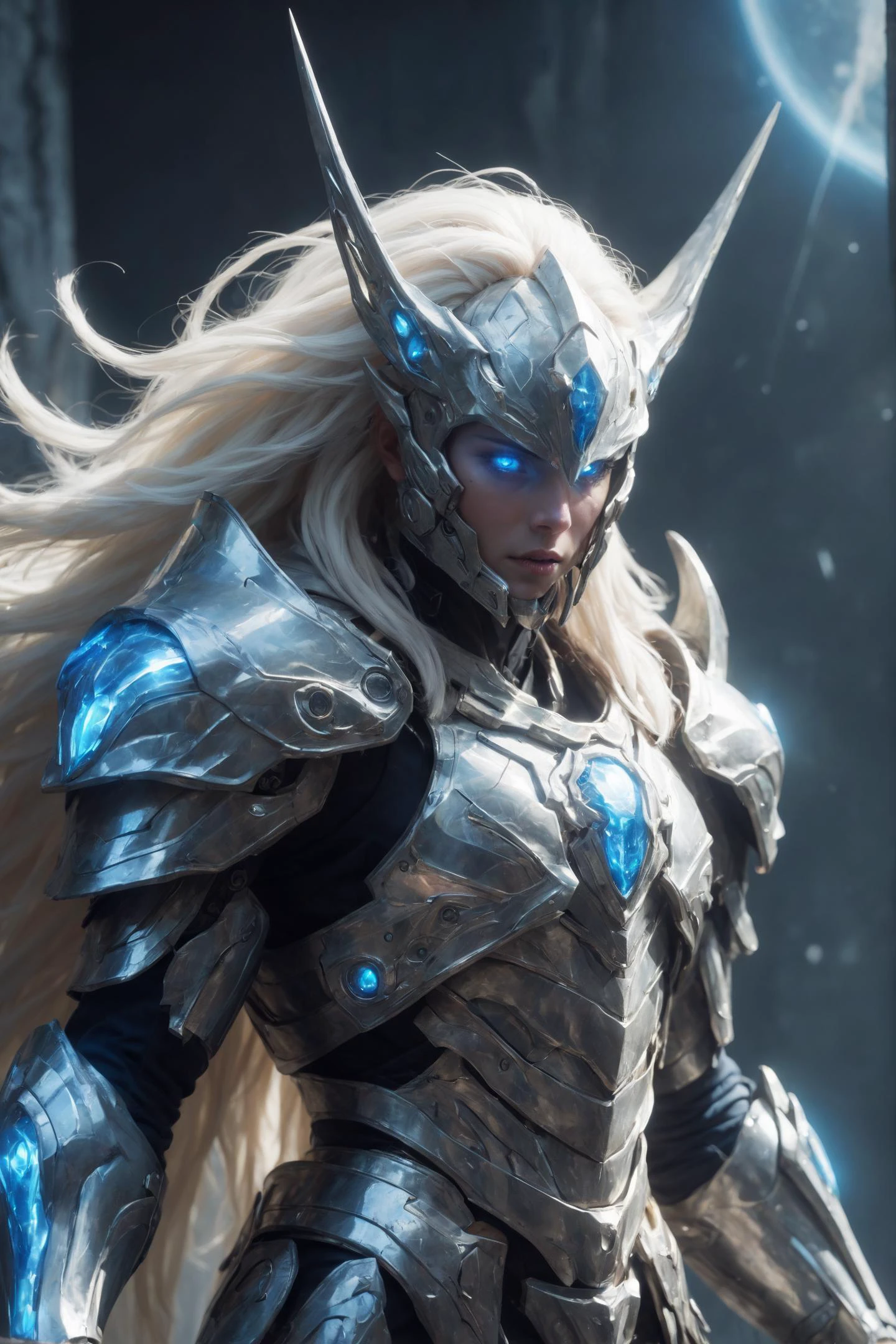 (extraterrestrial:1.3) high-tech sci-fi warrior, (god rays:1.2), white and blue mecha steal (elven:0.9) armour, luminescent, titanium, cloak, extremely detailed, bright sunlight, (bushy mane:1.1), in celestial heaven, harsh lighting, sci-fi, rays, bioluminescent