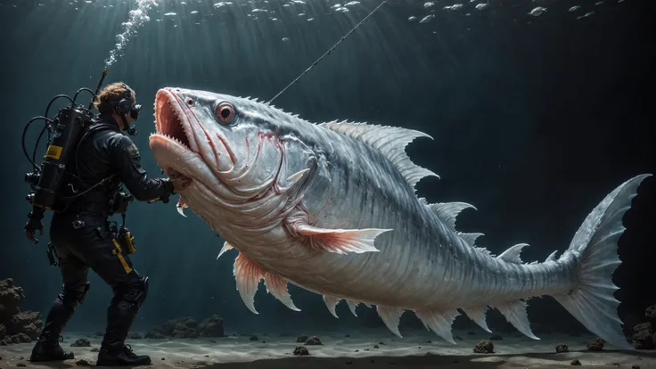 very dark focused flash photo, amazing quality, masterpiece, best quality, hyper detailed, ultra detailed, UHD, perfect anatomy, portrait, dof, hyper-realism, majestic, awesome, inspiring, diver tries to cath a giant artsy oarfish in the ultimate boss battle with a fishing gun. cinematic composition, soft shadows, national geographic style ,Bosstyle,<lora:XL_boss_battle:0.3>,