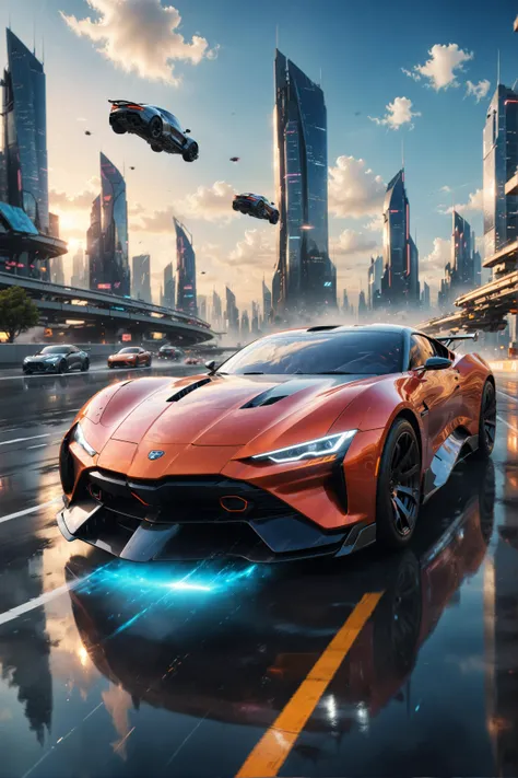 cybercar,future technology, futurism, Sports car track suspended in the sky, science fiction concept sports car speeding on the floating road, cyberpunk city background,,Realistic, cinematic,depth of field, Strong blur,