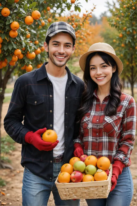 realistic,agriculture,smile,2 people,grin,basket,fruit,food,plaid shirt,orange \(fruit\),gloves,hat,outdoors,black hair,shirt,white gloves,day,holding,red shirt,plaid,blurry background