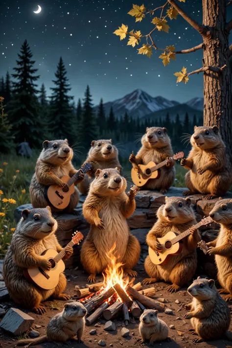 A band composed of groundhogs is playing around the campfire,night