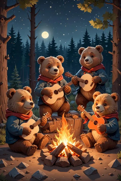 A band composed of bear is playing around the campfire,night