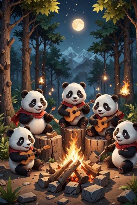 A band composed of panda is playing around the campfire,night