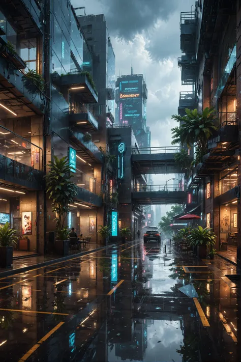 Daylight, Campus architecture, street,Human visual angle, building ,terrace,reflection,rainny,rain, humidity,((masterpiece)), (cyberpunk1.3),high las ((best quality:1.4)),(ultra-high resolution:1.2),(realistic:1.4),(8k:1.2),nsanely detailed,buildings,architecture,interior light,landscape, art artarchitecture