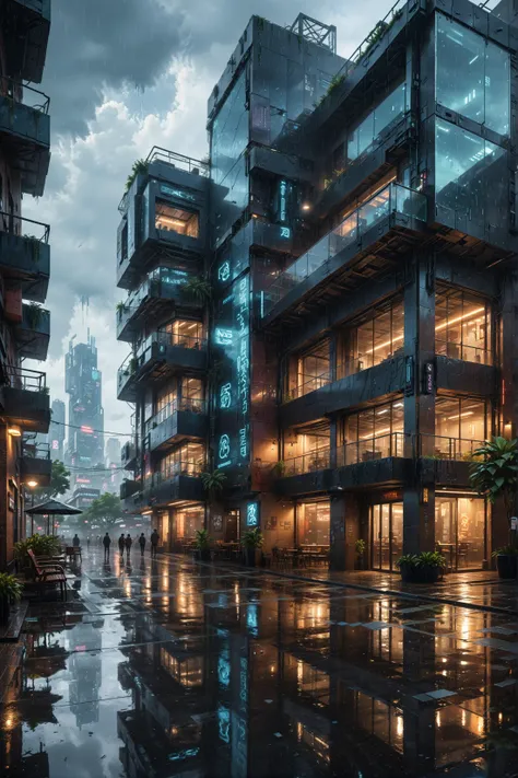 Daylight, Campus architecture, street,Human visual angle, building ,terrace,reflection,rainny,rain, humidity,((masterpiece)), (cyberpunk1.3),high las ((best quality:1.4)),(ultra-high resolution:1.2),(realistic:1.4),(8k:1.2),nsanely detailed,buildings,architecture,interior light,landscape, art artarchitecture