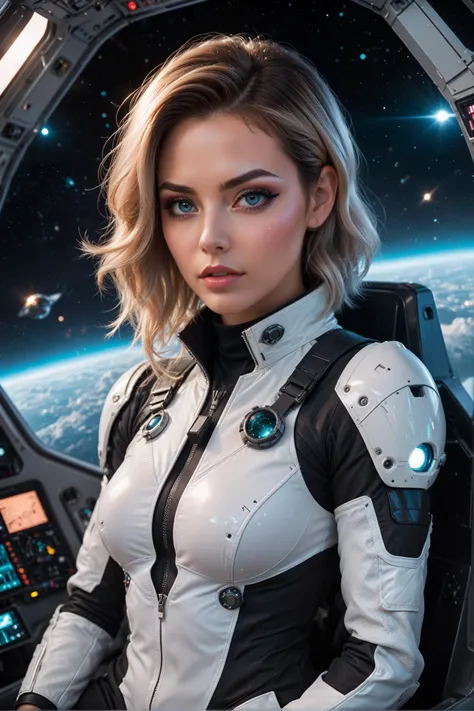 amazing quality, masterpiece, best quality, hyper detailed, ultra detailed, portrait of a dangerous goddess, (beautiful busty skinny british woman sitting in spaceship cockpit looking over shoulder at viewer:1.2), (cute face, over the shoulder:1.1), ( still:1.1), side view, (spaceship cockpit:1.1), glowing holographic instruments, (beautiful face:1.11), from behind, smart fabric flightsuit:1.1, lightweight structured jacket with sharp geometric lines, utility belt, kneehigh boots, fingerless gloves, (large spaceship cockpit with highly polished flooring and stellar view), backlit hair, perfect face, feminine physique, (pale freckles:0.6), (black and silver accents), perfect eyes, low key, joystick++, thin pouting lips, (white++ bob hair, ombre tips:1.2), wide set soft+ turquoise++ eyes, skin pores, (small retrousse nose:1.2), (pale skin), supernova, dramatic angle, eyelid shimmer makeup, silver eyeshadow, iridescent cheekbones, muted rose lips, deep space blue, (available light:0.7), BREAK, starlight silver, nebula pink, black hole black, planetary rings, asteroid clusters, geometric shapes, angular contours, Holographic control panels, chiaroscuro effects, reflective surfaces, starfilled skies, distant galaxies, shimmering surfaces, iridescent scifi materials, clean lines, modernistic details