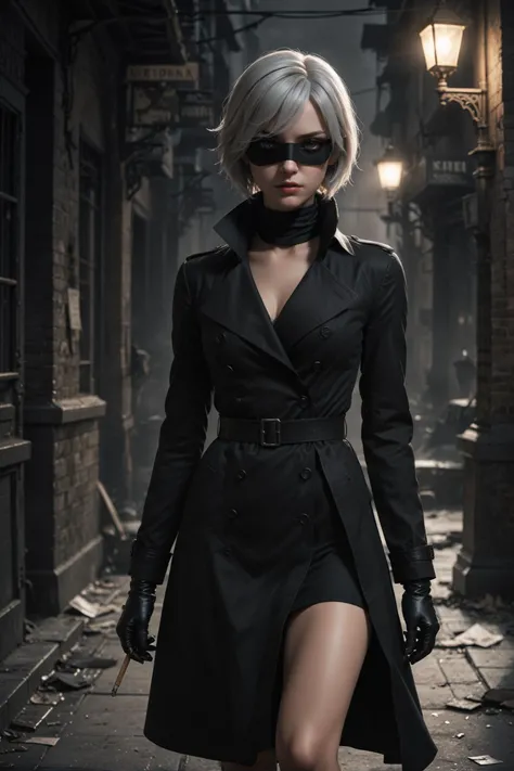 Fine art photography style, Visual Description: 2B Character: Depict 2B from the video game Nier: Automata as a human character in her signature black dress and blindfold. Setting: Create a dimly lit, atmospheric scene reminiscent of a 1930s American film noir. Use dark shadows, muted colors, and a sense of mystery and intrigue. Accessories: Include a fedora hat, a trench coat, and a cigarette holder to evoke the classic noir aesthetic. Expression: Give 2B a stoic and enigmatic expression, reflecting the hardened nature of a private investigator or a femme fatale. Lighting: Utilize chiaroscuro lighting techniques to emphasize the play of light and shadow, creating a sense of tension and suspense. Setting: The bustling streets of a noir-inspired metropolis, where secrets lurk in every corner and danger lurks behind every shadow. Role: 2B is a private investigator, known for her sharp wit and unwavering determination. She investigates a dangerous conspiracy that threatens to unravel the city's underworld. Mood: The scene should convey a sense of mystery, intrigue, and danger, capturing the essence of the film noir genre. Art Style: Realistic, cinematic, film noir-inspired Lighting: Chiaroscuro, dramatic Composition: Dynamic, off-center, leading lines Color Palette: Muted, dark, monochromatic <lora:SDXL\Desolation:0.2>, <lora:SDXL\RMSDXL_Creative:0.5>, <lora:SDXL\sd_xl_dpo_lora_v1:1>, <lora:SDXL\MJ52:0.6>, <lora:SDXL\WildcardX-XL-Detail-Enhancer:1>, embedding:OverallDetail, <lora:SDXL\EnvyBetterHiresFixXL01:1.0>, <lora:SDXL\HoloPunkXL:0.4>, <lora:SDXL\Niji_pastel_style-000006:0.5>, <lora:SDXL\Fine art photography style:0.5>,