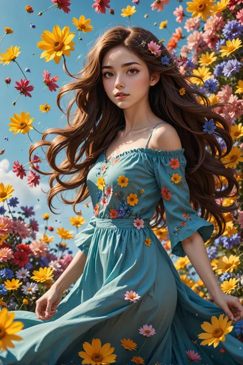 amazing quality, 4k, masterpiece, a girl with flowy hair, floating in air, colorful vortex of flowers, (highres, highly detailed:1.2), cinematic lighting, vibrant colors,<lora:more_details:0.25>