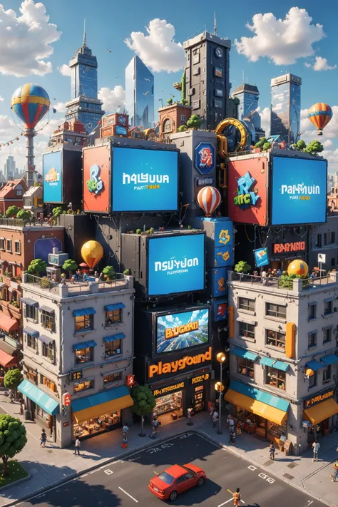 3D_Playground, SETTING_POSTER, Cartoon Pixel Miniature City Streets,in bag,huge Electronic products, huge gaming machines on building,big LCD TVs in the sky, 3D rendering ray tracing <lora:CADS-3DPlayground-0006:0.7>