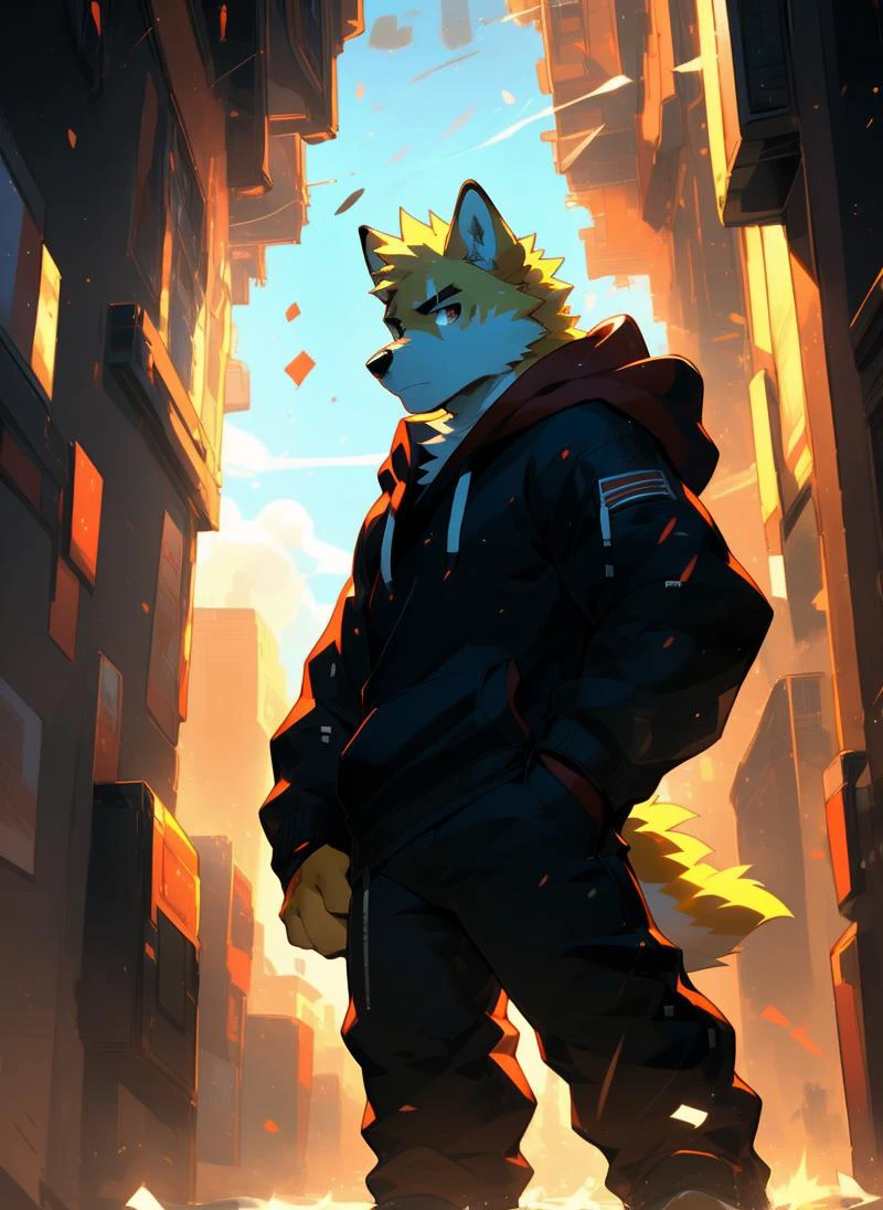 (((solo))), masterpiece, ultra high quality, ultra high resolution, 4k, 8k, ((detailed face, detailed eyes, detailed)), (full body:1.5, full shot angle:1.5), digital painting \(artwork\), by (by canyne khai, (by takemoto arashi), by null-ghost, by kiyosan, by milkytiger1145) BREAK outdoors, park, standing, battle, blood on body, (weapon, Futuristic rifle, Futuristic battle rifle), ((beautiful red eyes, furry, Cooper Krager, Wolf, yellow fur, yellow body, yellow hair, scar on eye)), ((serious:1.6, small body:1.6, ager:1.6)) BREAK (Black Hoodie, Red Hood, TechWear Clothing) BREAK (front angle shot:1.2, low angle shot:1.2, facing viewer:1.2, looking at us:1.2), <lora:Light and Shadow:0.6>, <lora:epiNoiseoffset_v2-pynoise:0.4>, <lora:Depth:0.3>, <lora:MoreDetails:0.2>, AS-YoungV2 Positive prompt at strength of 1.0 to 1.3. Teen:1.3, <lora:CuteFurryStyle-Furry:0.4>, <lora:FurryCoreV2New-07:0.3>, <lora:nj5furry-v2:0.2>, <lora:BeautifulAnimeEyes:0.9>, <lora:NijiExpressV2-Letterboxed,Illustration,-EasyNegative,-BadHand:0.3>, <lora:RememberTheFlowers-Cooper Krager:0.7>