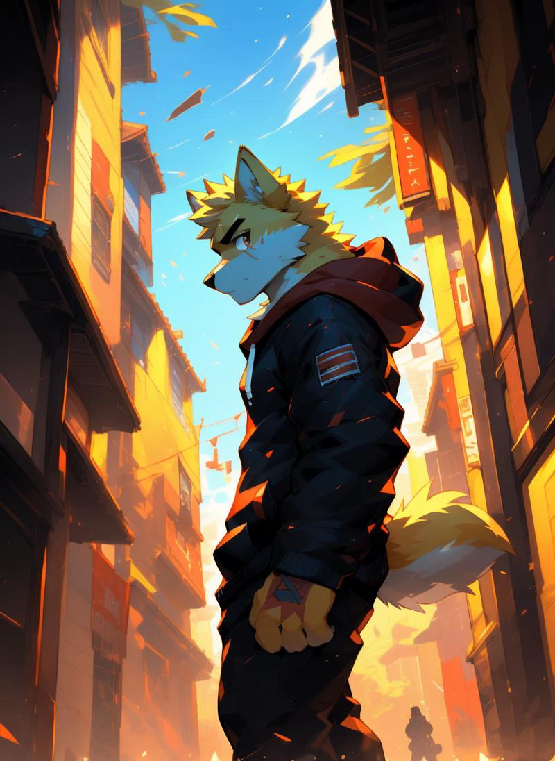 (((solo))), masterpiece, ultra high quality, ultra high resolution, 4k, 8k, ((detailed face, detailed eyes, detailed)), (full body:1.5, full shot angle:1.5), digital painting \(artwork\), by (by canyne khai, (by takemoto arashi), by null-ghost, by kiyosan, by milkytiger1145) BREAK outdoors, park, standing, battle, blood on body, (weapon, Futuristic rifle, Futuristic battle rifle), ((beautiful red eyes, furry, Cooper Krager, Wolf, yellow fur, yellow body, yellow hair, scar on eye)), ((serious:1.6, small body:1.6, ager:1.6)) BREAK (Black Hoodie, Red Hood, TechWear Clothing) BREAK (front angle shot:1.2, low angle shot:1.2, facing viewer:1.2, looking at us:1.2), <lora:Light and Shadow:0.6>, <lora:epiNoiseoffset_v2-pynoise:0.4>, <lora:Depth:0.3>, <lora:MoreDetails:0.2>, AS-YoungV2 Positive prompt at strength of 1.0 to 1.3. Teen:1.3, <lora:CuteFurryStyle-Furry:0.4>, <lora:FurryCoreV2New-07:0.3>, <lora:nj5furry-v2:0.2>, <lora:BeautifulAnimeEyes:0.9>, <lora:NijiExpressV2-Letterboxed,Illustration,-EasyNegative,-BadHand:0.3>, <lora:RememberTheFlowers-Cooper Krager:0.7>