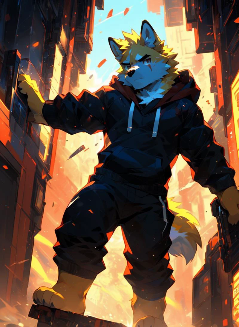 (((solo))), masterpiece, ultra high quality, ultra high resolution, 4k, 8k, ((detailed face, detailed eyes, detailed)), (full body:1.5, full shot angle:1.5), digital painting \(artwork\), by (by canyne khai, (by takemoto arashi), by null-ghost, by kiyosan, by milkytiger1145) BREAK outdoors, park, standing, battle, blood on body, (holding weapon, shooting, firing, Futuristic rifle, Futuristic battle rifle), ((beautiful red eyes, furry, Cooper Krager, Wolf, yellow fur, yellow body, yellow hair, scar on eye)), ((serious:1.6, small body:1.6, ager:1.6)) BREAK (Black Hoodie, Red Hood, TechWear Clothing) BREAK (front angle shot:1.2, low angle shot:1.2, facing viewer:1.2, looking at us:1.2), <lora:Light and Shadow:0.6>, <lora:epiNoiseoffset_v2-pynoise:0.4>, <lora:Depth:0.3>, <lora:MoreDetails:0.2>, AS-YoungV2 Positive prompt at strength of 1.0 to 1.3. Teen:1.3, <lora:CuteFurryStyle-Furry:0.4>, <lora:FurryCoreV2New-07:0.3>, <lora:nj5furry-v2:0.2>, <lora:BeautifulAnimeEyes:0.9>, <lora:NijiExpressV2-Letterboxed,Illustration,-EasyNegative,-BadHand:0.3>, <lora:RememberTheFlowers-Cooper Krager:0.7>