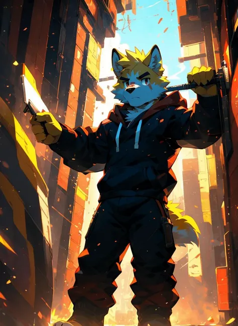 (((solo))), masterpiece, ultra high quality, ultra high resolution, 4k, 8k, ((detailed face, detailed eyes, detailed)), (full body:1.5, full shot angle:1.5), digital painting \(artwork\), by (by canyne khai, (by takemoto arashi), by null-ghost, by kiyosan, by milkytiger1145) BREAK outdoors, park, standing, battle, blood on body, (holding weapon, shooting, firing, Futuristic rifle, Futuristic battle rifle), ((beautiful red eyes, furry, Cooper Krager, Wolf, yellow fur, yellow body, yellow hair, scar on eye)), ((serious:1.6, small body:1.6, teenager:1.6)) BREAK (Black Hoodie, Red Hood, TechWear Clothing) BREAK (front angle shot:1.2, low angle shot:1.2, facing viewer:1.2, looking at us:1.2), <lora:Light and Shadow:0.6>, <lora:epiNoiseoffset_v2-pynoise:0.4>, <lora:Depth:0.3>, <lora:MoreDetails:0.2>, AS-YoungV2 Positive prompt at strength of 1.0 to 1.3. Teenager:1.3, <lora:CuteFurryStyle-Furry:0.4>, <lora:FurryCoreV2New-07:0.3>, <lora:nj5furry-v2:0.2>, <lora:BeautifulAnimeEyes:0.9>, <lora:NijiExpressV2-Letterboxed,Illustration,-EasyNegative,-BadHand:0.3>, <lora:RememberTheFlowers-Cooper Krager:0.7>