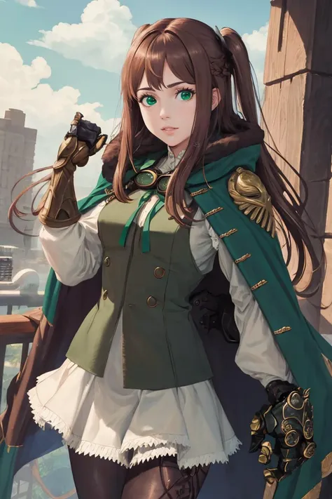 masterpiece, best quality, <lora:FourDrakenGardV9-000110:0.8>, Four, 1girl, boots, brown hair, long hair, single gauntlet, goggles around neck, asymmetrical legwear, brown glove, green eyes, cowboy shot, cowboy shot