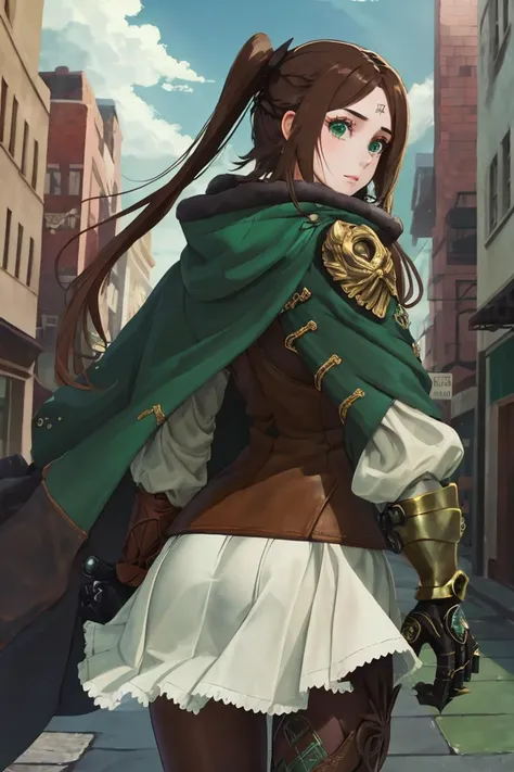 masterpiece, best quality,  <lora:FourDrakenGardV10-000110:0.8>, Four, 1girl, boots, brown hair, long hair, single gauntlet, goggles around neck, asymmetrical legwear, brown glove, green eyes, cowboy shot, from behind, looking back