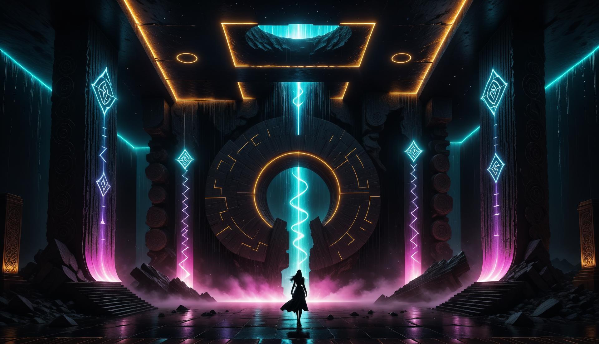 A man standing in a dark room with neon lights - SeaArt AI
