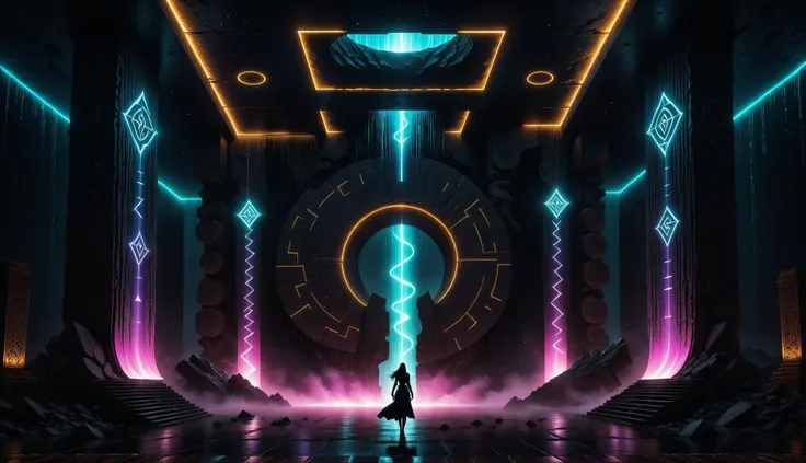 Alien-themed (((Ultra-detailed, Hyper-realistic, 8k, highres, masterpiece)))A singular entity castin shadow and silhouette,in front of a Gigantic dimensional portal,the neon vortex pulsating with energy and mysteries,2 large ornate pillars either side,with runic symbols carved and etches into their black obsidian face,a bio-luminecance waterwall cascading down. Light emanating from the singularity created,lighting the room with dancing shadows.,<lora:add-detail-xl:1>,Details++,<lora:Concept - Shadowmancer:0.6>,shad0wmancer,ink,(swirling black ink),<lora:GlowingRunesAIv4:1>,GlowingRunes_red,GlowingRunes_paleblue,GlowingRunes_green,GlowingRunes_purple,GlowingRunes_yellow,GlowingRunes_pink,<lora:spotlight:0.8>,silhouette,spotlight,dark theme,<lora:destruction_XL:0.8>,ruined,collapsed,flooded,desolate,disrepair,<lora:akirabikev0.2:0.8>,akirabike, . Extraterrestrial, cosmic, otherworldly, mysterious, sci-fi, highly detailed