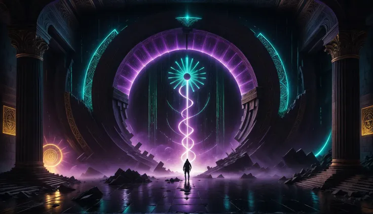 Alien-themed (((Ultra-detailed, Hyper-realistic, 8k, highres, masterpiece)))A singular entity castin shadow and silhouette,in front of a gigantic dimensional portal,the neon vortex pulsating with energy and mysteries,2 large ornate pillars either side,with runic symbols carved and etches into their black obsidian face,a bio-luminecance waterwall cascading down,as the void calls to you to delve deeper. The singularity radiating light around the room,casting a strange glow,<lora:add-detail-xl:1>,Details++,<lora:Concept - Shadowmancer:0.6>,shad0wmancer,ink,(swirling black ink),<lora:GlowingRunesAIv4:1>,GlowingRunes_red,GlowingRunes_paleblue,GlowingRunes_green,GlowingRunes_purple,GlowingRunes_yellow,GlowingRunes_pink,<lora:spotlight:0.8>,silhouette,spotlight,dark theme,<lora:destruction_XL:0.8>,ruined,collapsed,flooded,desolate,disrepair,<lora:akirabikev0.2:0.8>,akirabike, . Extraterrestrial, cosmic, otherworldly, mysterious, sci-fi, highly detailed