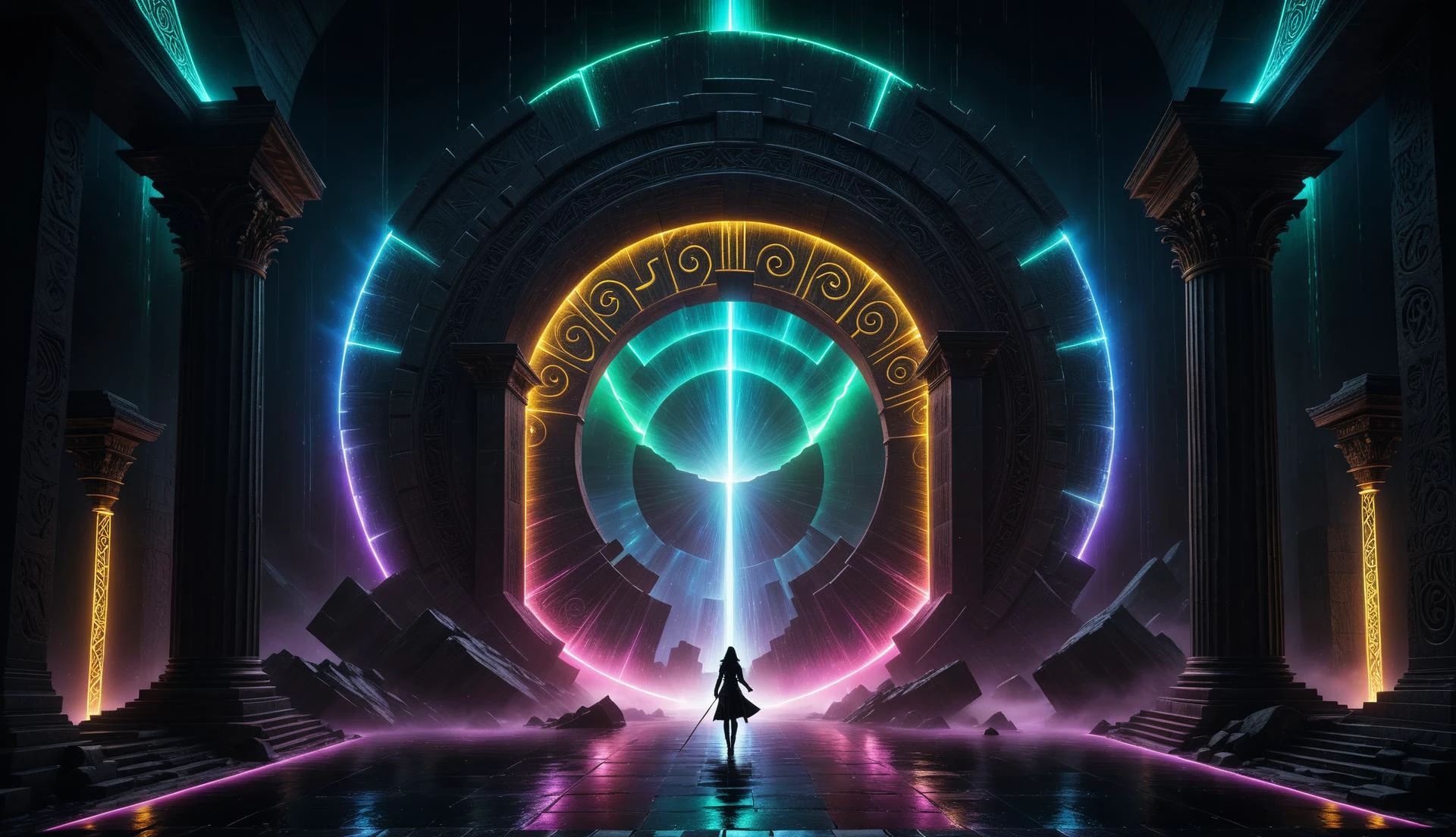 Alien-themed (((Ultra-detailed, Hyper-realistic, 8k, highres, masterpiece)))A singular entity castin shadow and silhouette,in front of a Gigantic dimensional portal,the neon vortex pulsating with energy and mysteries,2 large ornate pillars either side,with runic symbols carved and etches into their black obsidian face, a bio-luminecance waterwall cascading down. Light emanating from the singularity created,lighting the room with dancing shadows.,<lora:add-detail-xl:1>,Details++,<lora:Concept - Shadowmancer:0.6>,shad0wmancer,ink,(swirling black ink),<lora:GlowingRunesAIv4:1>,GlowingRunes_red,GlowingRunes_paleblue,GlowingRunes_green,GlowingRunes_purple,GlowingRunes_yellow,GlowingRunes_pink,<lora:spotlight:0.8>,silhouette,spotlight,dark theme,<lora:destruction_XL:0.8>,ruined,collapsed,flooded,desolate,disrepair,<lora:akirabikev0.2:0.8>, akirabike, . Extraterrestrial, cosmic, otherworldly, mysterious, sci-fi, highly detailed
