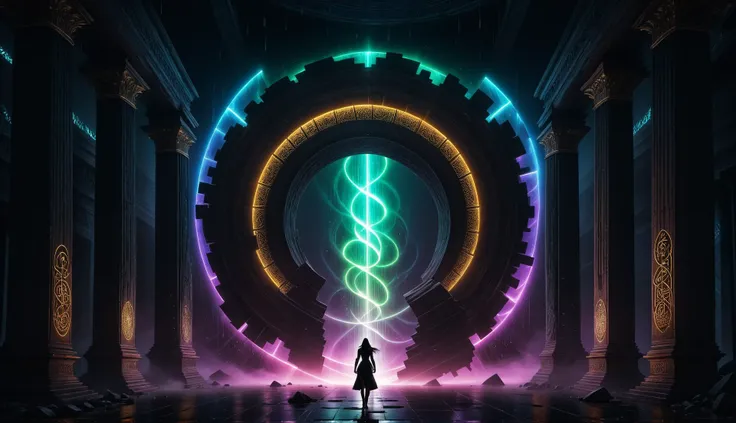 Alien-themed (((Ultra-detailed, Hyper-realistic, 8k, highres, masterpiece)))A singular entity castin shadow and silhouette,in front of a Gigantic dimensional portal,the neon vortex pulsating with energy and mysteries,2 large ornate pillars either side,with runic symbols carved and etches into their black obsidian face,a bio-luminecance waterwall cascading down. Light emanating from the singularity created,lighting the room with dancing shadows.,<lora:add-detail-xl:1>,Details++,<lora:Concept - Shadowmancer:0.6>,shad0wmancer,ink,(swirling black ink),<lora:GlowingRunesAIv4:1>,GlowingRunes_red,GlowingRunes_paleblue,GlowingRunes_green,GlowingRunes_purple,GlowingRunes_yellow,GlowingRunes_pink,<lora:spotlight:0.8>,silhouette,spotlight,dark theme,<lora:destruction_XL:0.8>,ruined,collapsed,flooded,desolate,disrepair,<lora:akirabikev0.2:0.8>,akirabike, . Extraterrestrial, cosmic, otherworldly, mysterious, sci-fi, highly detailed