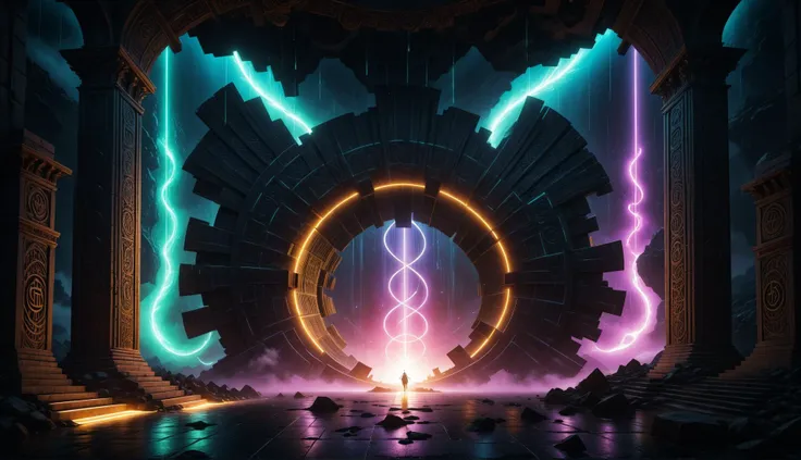 Alien-themed (((Ultra-detailed, Hyper-realistic, 8k, highres, masterpiece)))A singular entity castin shadow and silhouette,in front of a Gigantic dimensional portal,the neon vortex pulsating with energy and mysteries,2 large ornate pillars either side,with runic symbols carved and etches into their black obsidian face, a bio-luminecance waterwall cascading down. Light emanating from the singularity created,lighting the room with dancing shadows.,<lora:add-detail-xl:1>,Details++,<lora:Concept - Shadowmancer:0.6>,shad0wmancer,ink,(swirling black ink),<lora:GlowingRunesAIv4:1>,GlowingRunes_red,GlowingRunes_paleblue,GlowingRunes_green,GlowingRunes_purple,GlowingRunes_yellow,GlowingRunes_pink,<lora:spotlight:0.8>,silhouette,spotlight,dark theme,<lora:destruction_XL:0.8>,ruined,collapsed,flooded,desolate,disrepair,<lora:akirabikev0.2:0.8>, akirabike, . Extraterrestrial, cosmic, otherworldly, mysterious, sci-fi, highly detailed