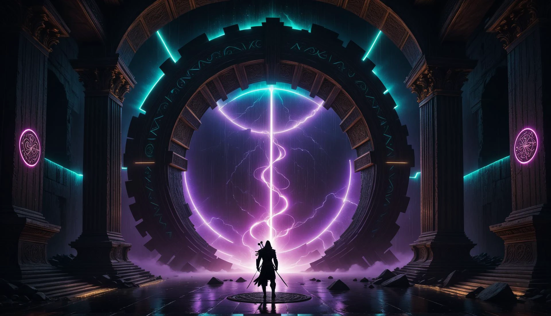 Alien-themed (((Ultra-detailed, Hyper-realistic, 8k, highres, masterpiece)))A singular entity castin shadow and silhouette,in front of a gigantic dimensional portal,the neon vortex pulsating with energy and mysteries,2 large ornate pillars either side,with runic symbols carved and etches into their black obsidian face,a bio-luminecance waterwall cascading down,as the void calls to you to delve deeper. The singularity radiating light around the room,casting a strange glow,<lora:add-detail-xl:1>,Details++,<lora:Concept - Shadowmancer:0.6>,shad0wmancer,ink,(swirling black ink),<lora:GlowingRunesAIv4:1>,GlowingRunes_red,GlowingRunes_paleblue,GlowingRunes_green,GlowingRunes_purple,GlowingRunes_yellow,GlowingRunes_pink,<lora:spotlight:0.8>,silhouette,spotlight,dark theme,<lora:destruction_XL:0.8>,ruined,collapsed,flooded,desolate,disrepair,<lora:akirabikev0.2:0.8>,akirabike, . Extraterrestrial, cosmic, otherworldly, mysterious, sci-fi, highly detailed
