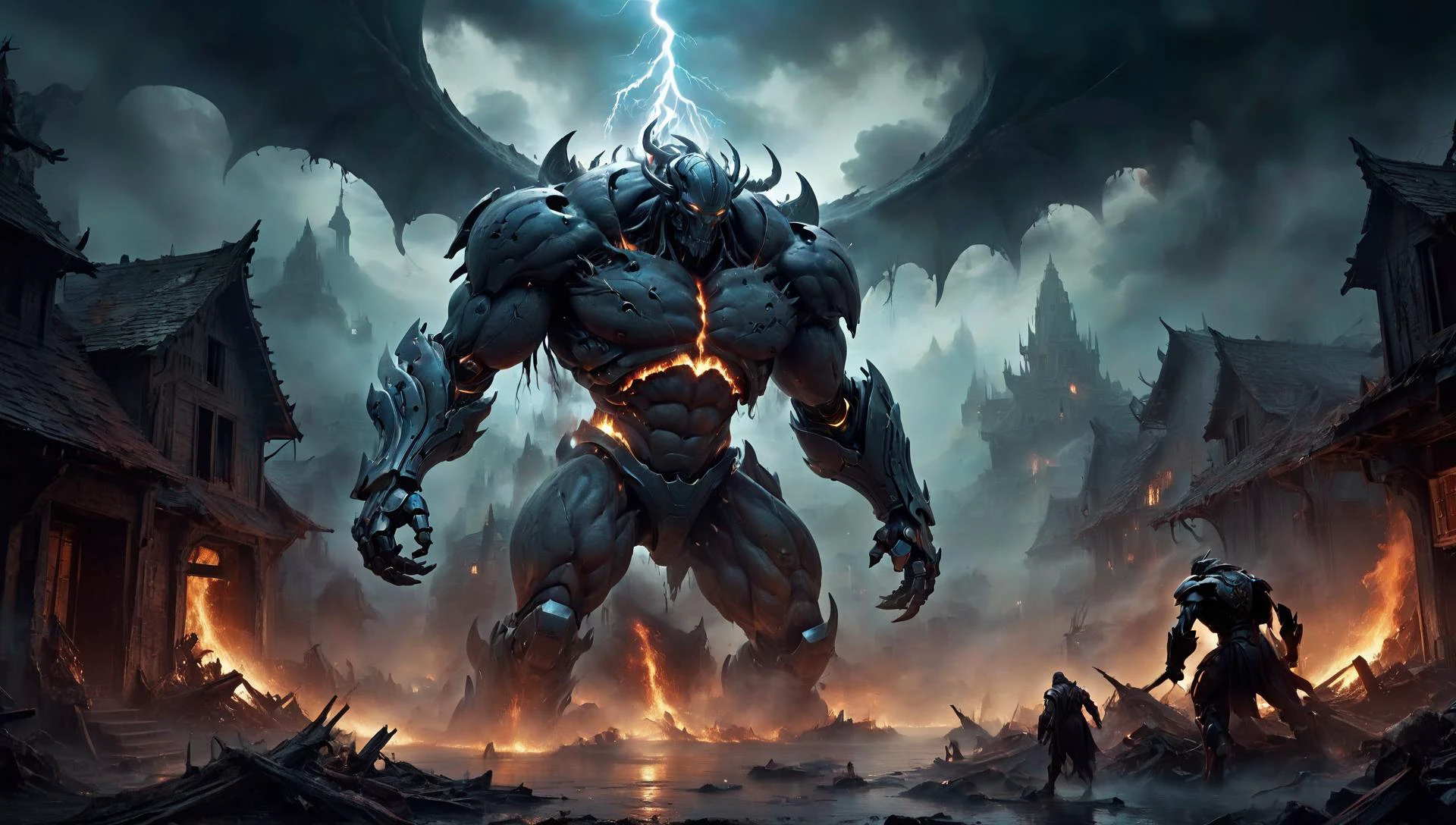 ethereal fantasy concept art of (((Ultra-detailed, Hyper-realistic, 8k, highres, masterpiece,))),<lora:XL_boss_battle:0.6>,Bosstyle,dark fantasy art style,Mage fighting a giant fantasy monster,burned village in background,highly detailed,Night,(mystical dense fog),epic scene,(dense smoke by Kim Keever),dark,moody,dark fantasy in style of Frank Frazetta,. magnificent,celestial,ethereal,painterly,epic,majestic,magical,fantasy art,cover art,dreamy,kkw-el-Lightning,kkw-el-fire,S,<lora:Biol:0.8>,ais-blmn,<lora:,<lora:add-detail-xl:1>,,,,, ,,<lora:BIOMECHA:0.8>,, bio mecha, muscle, muscle tissue, ,<lora:destruction_XL:0.8>, destruction, ruined, collapsed, flooded,