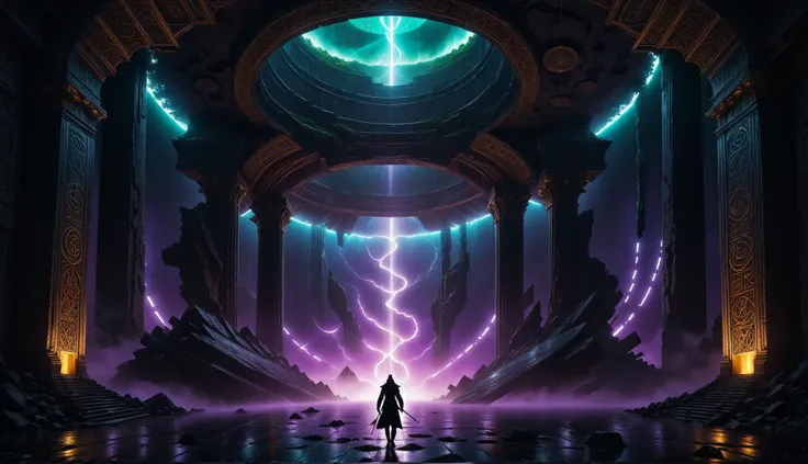 Alien-themed (((Ultra-detailed, Hyper-realistic, 8k, highres, masterpiece)))A singular entity castin shadow and silhouette,in front of a gigantic dimensional portal,the neon vortex pulsating with energy and mysteries,2 large ornate pillars either side,with runic symbols carved and etches into their black obsidian face,a bio-luminecance waterwall cascading down,as the void calls to you to delve deeper. The singularity radiating light around the room,casting a strange glow,<lora:add-detail-xl:1>,Details++,<lora:Concept - Shadowmancer:0.6>,shad0wmancer,ink,(swirling black ink),<lora:GlowingRunesAIv4:1>,GlowingRunes_red,GlowingRunes_paleblue,GlowingRunes_green,GlowingRunes_purple,GlowingRunes_yellow,GlowingRunes_pink,<lora:spotlight:0.8>,silhouette,spotlight,dark theme,<lora:destruction_XL:0.8>,ruined,collapsed,flooded,desolate,disrepair,<lora:akirabikev0.2:0.8>,akirabike, . Extraterrestrial, cosmic, otherworldly, mysterious, sci-fi, highly detailed