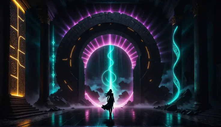 Alien-themed (((Ultra-detailed, Hyper-realistic, 8k, highres, masterpiece)))A singular entity castin shadow and silhouette,in front of a Gigantic dimensional portal,the neon vortex pulsating with energy and mysteries,2 large ornate pillars either side,with runic symbols carved and etches into their black obsidian face,a bio-luminecance waterwall cascading down. Light emanating from the singularity created,lighting the room with dancing shadows.,<lora:add-detail-xl:1>,Details++,<lora:Concept - Shadowmancer:0.6>,shad0wmancer,ink,(swirling black ink),<lora:GlowingRunesAIv4:1>,GlowingRunes_red,GlowingRunes_paleblue,GlowingRunes_green,GlowingRunes_purple,GlowingRunes_yellow,GlowingRunes_pink,<lora:spotlight:0.8>,silhouette,spotlight,dark theme,<lora:destruction_XL:0.8>,ruined,collapsed,flooded,desolate,disrepair,<lora:akirabikev0.2:0.8>,akirabike, . Extraterrestrial, cosmic, otherworldly, mysterious, sci-fi, highly detailed