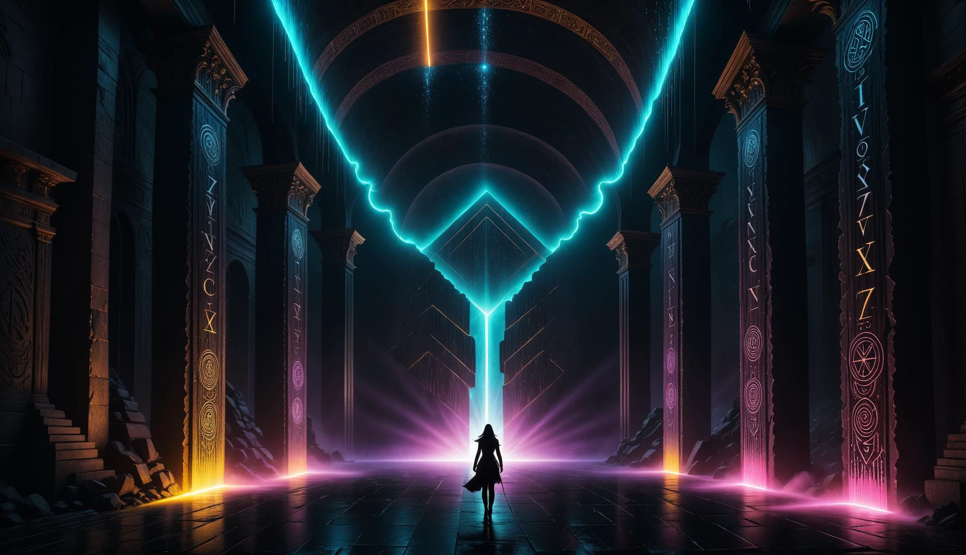 Alien-themed (((Ultra-detailed, Hyper-realistic, 8k, highres, masterpiece)))A singular entity castin shadow and silhouette,in front of a Gigantic dimensional portal,the neon vortex pulsating with energy and mysteries,2 large ornate pillars either side,with runic symbols carved and etches into their black obsidian face, a bio-luminecance waterwall cascading down. Light emanating from the singularity created,lighting the room with dancing shadows.,<lora:add-detail-xl:1>,Details++,<lora:Concept - Shadowmancer:0.6>,shad0wmancer,ink,(swirling black ink),<lora:GlowingRunesAIv4:1>,GlowingRunes_red,GlowingRunes_paleblue,GlowingRunes_green,GlowingRunes_purple,GlowingRunes_yellow,GlowingRunes_pink,<lora:spotlight:0.8>,silhouette,spotlight,dark theme,<lora:destruction_XL:0.8>,ruined,collapsed,flooded,desolate,disrepair,<lora:akirabikev0.2:0.8>, akirabike, . Extraterrestrial, cosmic, otherworldly, mysterious, sci-fi, highly detailed