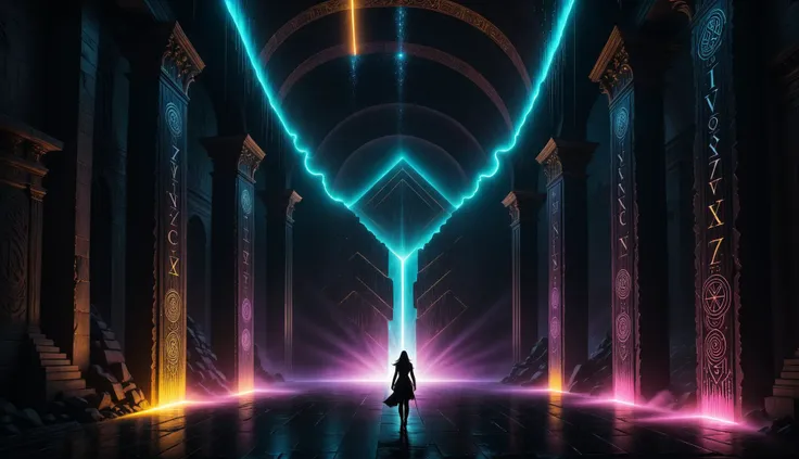 Alien-themed (((Ultra-detailed, Hyper-realistic, 8k, highres, masterpiece)))A singular entity castin shadow and silhouette,in front of a Gigantic dimensional portal,the neon vortex pulsating with energy and mysteries,2 large ornate pillars either side,with runic symbols carved and etches into their black obsidian face, a bio-luminecance waterwall cascading down. Light emanating from the singularity created,lighting the room with dancing shadows.,<lora:add-detail-xl:1>,Details++,<lora:Concept - Shadowmancer:0.6>,shad0wmancer,ink,(swirling black ink),<lora:GlowingRunesAIv4:1>,GlowingRunes_red,GlowingRunes_paleblue,GlowingRunes_green,GlowingRunes_purple,GlowingRunes_yellow,GlowingRunes_pink,<lora:spotlight:0.8>,silhouette,spotlight,dark theme,<lora:destruction_XL:0.8>,ruined,collapsed,flooded,desolate,disrepair,<lora:akirabikev0.2:0.8>, akirabike, . Extraterrestrial, cosmic, otherworldly, mysterious, sci-fi, highly detailed