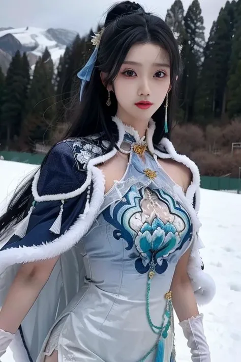 ltra-detailed,highly detailed,best quality,masterpiece,illustration,realistic,photorealistic,
guqinghan,cangyugezhu, 1girl, solo,
chinese clothes, china dress, blue dress,white lace trimgloves, fur trim, side slit, cape, shawl,
jewelry, earrings, tassel,
long hair, hair bun, hair ornament, hair flower,
looking at viewer, upper body, walking,
outdoors, winter, snow, flower,
<lora:guqinghan cangyugezhu_v1_04:0.7>