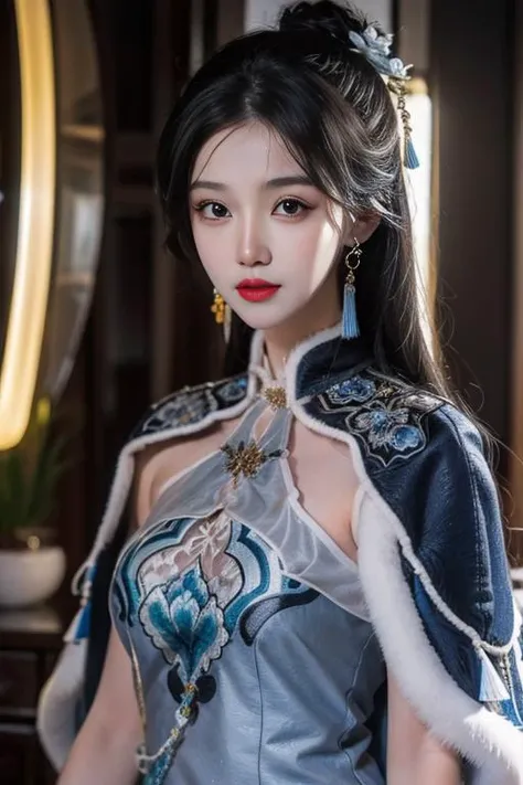 ltra-detailed,highly detailed,best quality,masterpiece,illustration,realistic,photorealistic,
guqinghan,cangyugezhu, 1girl, solo,
chinese clothes, china theme, blue dress,white lace trimgloves, fur trim, side slit, cape, shawl,
jewelry, earrings, tassel,
long hair, hair bun, hair ornament, hair flower,
looking at viewer, upper body,
<lora:guqinghan cangyugezhu_v1_04:0.7>