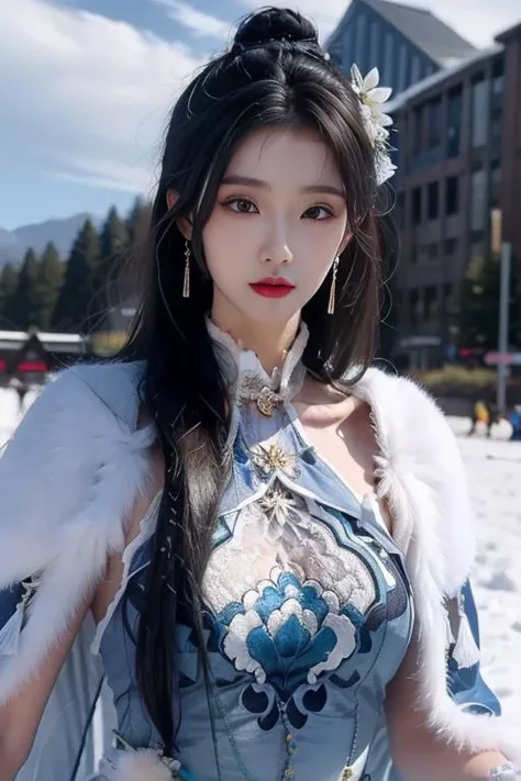 ltra-detailed,highly detailed,best quality,masterpiece,illustration,realistic,photorealistic,
guqinghan,cangyugezhu, 1girl, solo,
chinese clothes, china dress, blue dress,white lace trimgloves, fur trim, side slit, cape, shawl,
jewelry, earrings, tassel,
long hair, hair bun, hair ornament, hair flower,
looking at viewer, upper body, walking,
outdoors, winter, snow, flower,
<lora:guqinghan cangyugezhu_v1_04:0.7>