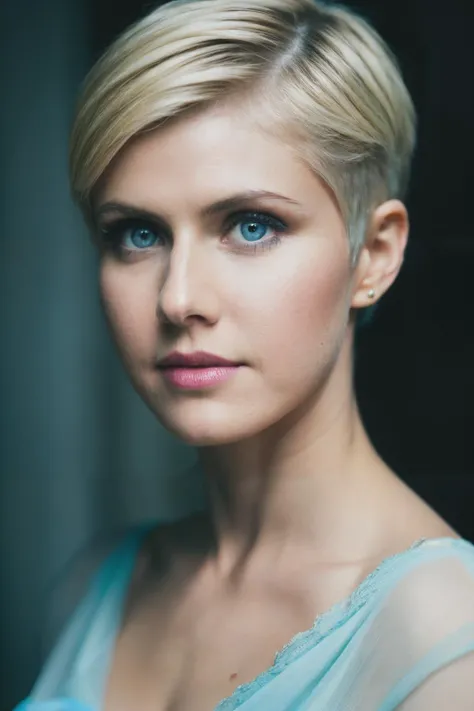 photoshoot of adr , (blonde hair), (pixie cut), , detailed skin texture, (blush:0.2), (goosebumps:0.3), (light blue dress), subsurface scattering, Photorealistic, Hyperrealistic, Hyperdetailed, analog style, hip cocked, demure, detailed skin, matte skin, soft lighting, subsurface scattering, realistic, heavy shadow, masterpiece, best quality, ultra realistic, 8k, golden ratio, Intricate, High Detail, film photography, soft focus,<lyco:AlexandraDaddario-RealVision-V1.0:1.0>