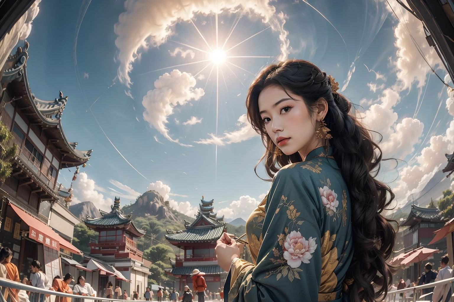 1girl, solo, cowboy shot, from below, Fisheye lens, above clouds, standing, 20-year-old, beautiful asian girl, looking at viewer, long hair, floating hair, brown hair, hair ornament, orange chinese clothes, long sleeves, wide sleeves, see-through sleeves, earrings, nice hands, perfect hands, sky, cloudy sky, cloud, street, crowded, sunlight, sun glare, east asian architecture, pagoda, mountain, <lora:GoodHands-beta2:1> <lora:anxiang:0.55> <lora:woshimadai_frombelow_V1.2:0.3> <lora:more_details:0.3>