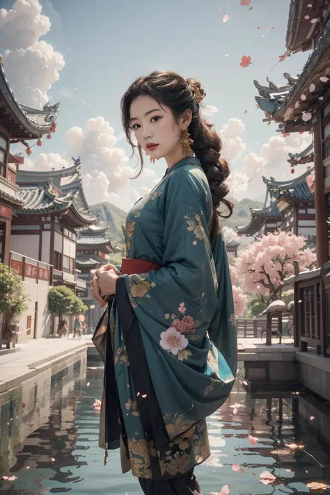 1girl, solo, cowboy shot, from below, Fisheye lens, above clouds, standing, 20-year-old, beautiful asian girl, looking at viewer, long hair, floating hair, brown hair, hair ornament, white chinese clothes, long sleeves, wide sleeves, see-through sleeves, earrings, nice hands, perfect hands, sky, cloudy sky, cloud, street, cherry blossoms, falling petals, flower on liquid, water reflection, east asian architecture, pagoda, mountain, <lora:GoodHands-beta2:1> <lora:anxiang:0.55> <lora:woshimadai_frombelow_V1.2:0.3> <lora:more_details:0.3>