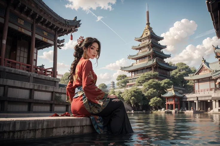 1girl, solo, full body, from below, from side, Fisheye lens, above clouds, sitting, looking at viewer, long hair, floating hair, brown hair, hair ornament, chinese clothes, long sleeves, wide sleeves, earrings, sky, cloudy sky, cloud, water, reflective water, east asian architecture, pagoda, mountain, <lora:anxiang:0.4> <lora:woshimadai_frombelow_V1.2:0.3> <lora:more_details:0.3>