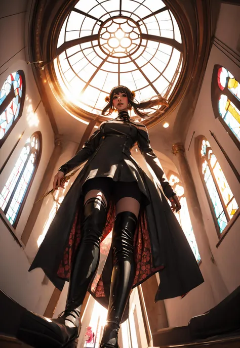 <lora:ä»°æè§è§V1.2:0.55>md, from below,full body,Fisheye lens,walking, gold dagger, <lora:Yor Forger:0.8> Yor Forger, 1 girl , backlight <lora:yorBriarSpyFamily_lykonV1:0.4> yor briar, <lora:peeking_out_upper_body_pruned:0.8> peeking out upper body <lora:AnyasHehFaceMeme:0.8> IncrsAnyasHehFaceMeme, grin, smug, anya, pink hair, bangs, hair bun