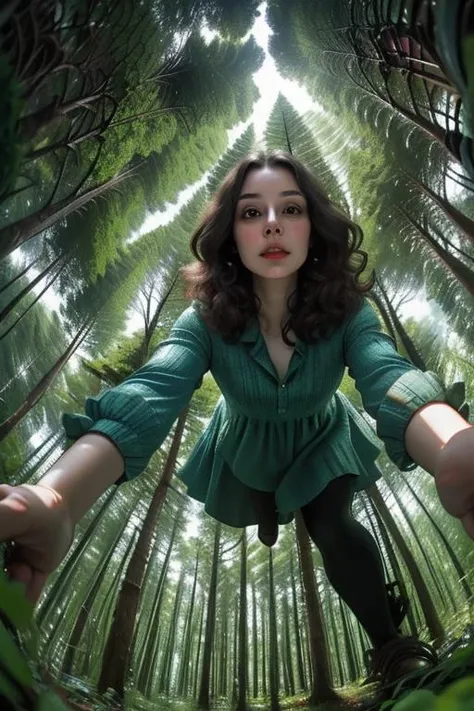woman in a mythical forest, masterpiece, perfect face, intricate details, horror theme <lora:20231025-1698246577790:0.7> from below, Fisheye lens