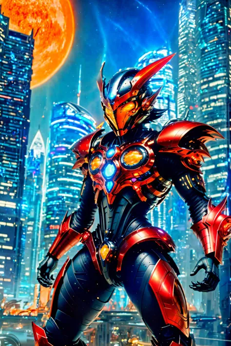 <lora:mttck_v3:1> <lora:hadesarmor_v4:1>
In a futuristic landscape, depict a young boy in a dynamic action posture. He wears a red hadesarmor with pauldrons (hadesbreastplate:1.2) and helmet that gleams with iridescence (alien form:1.2). Amidst a cityscape of towering skyscrapers, holographic advertisements, and agile flying vehicles, the boy holds a pulsating crystal, symbolizing hope and courage. Capture the essence of this young hero's heroic stance in a future world teeming with technological marvels and challenges
